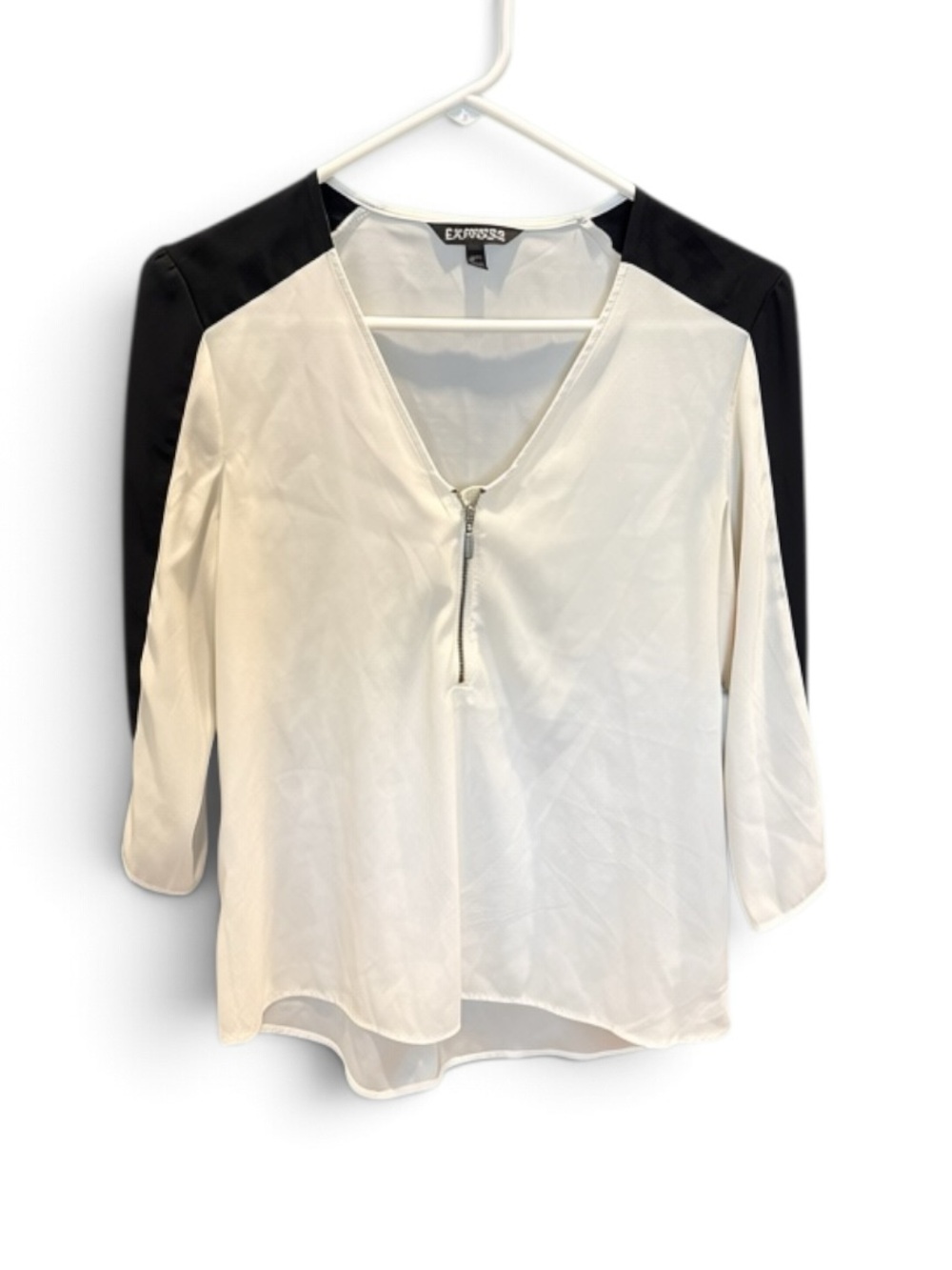 Express Black & White Colorblock Zip Front Blouse Small